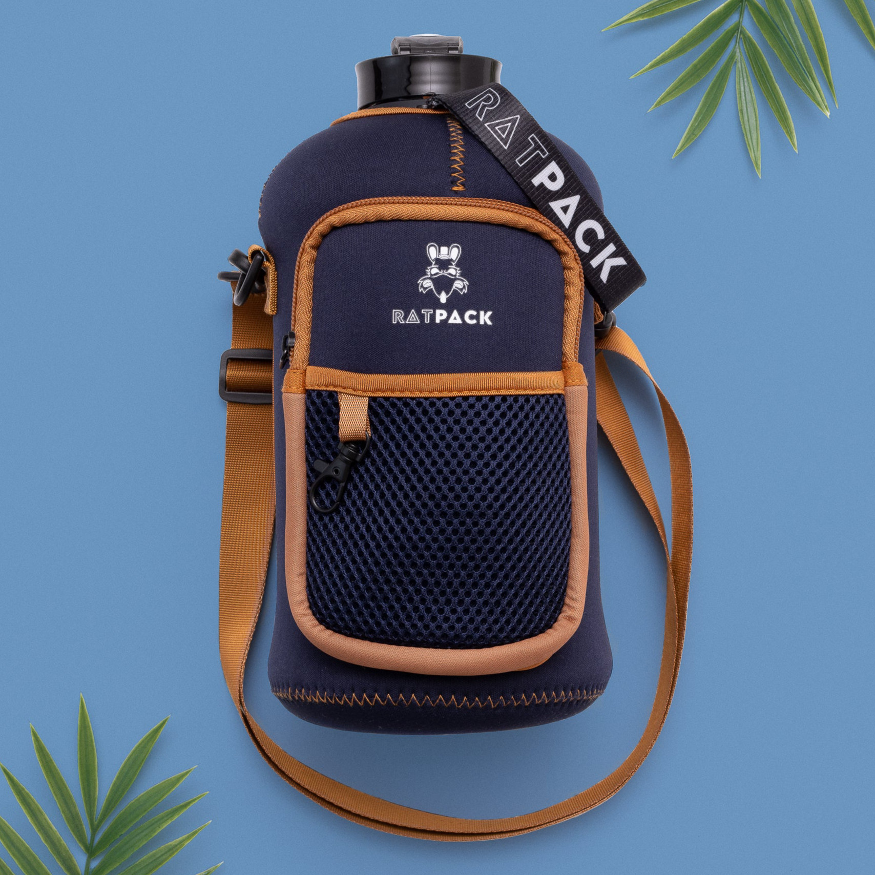 2.2L, 74 oz, half gallon Cross body water bottle carrier premium neoprene sleeve with pockets blue and brown
